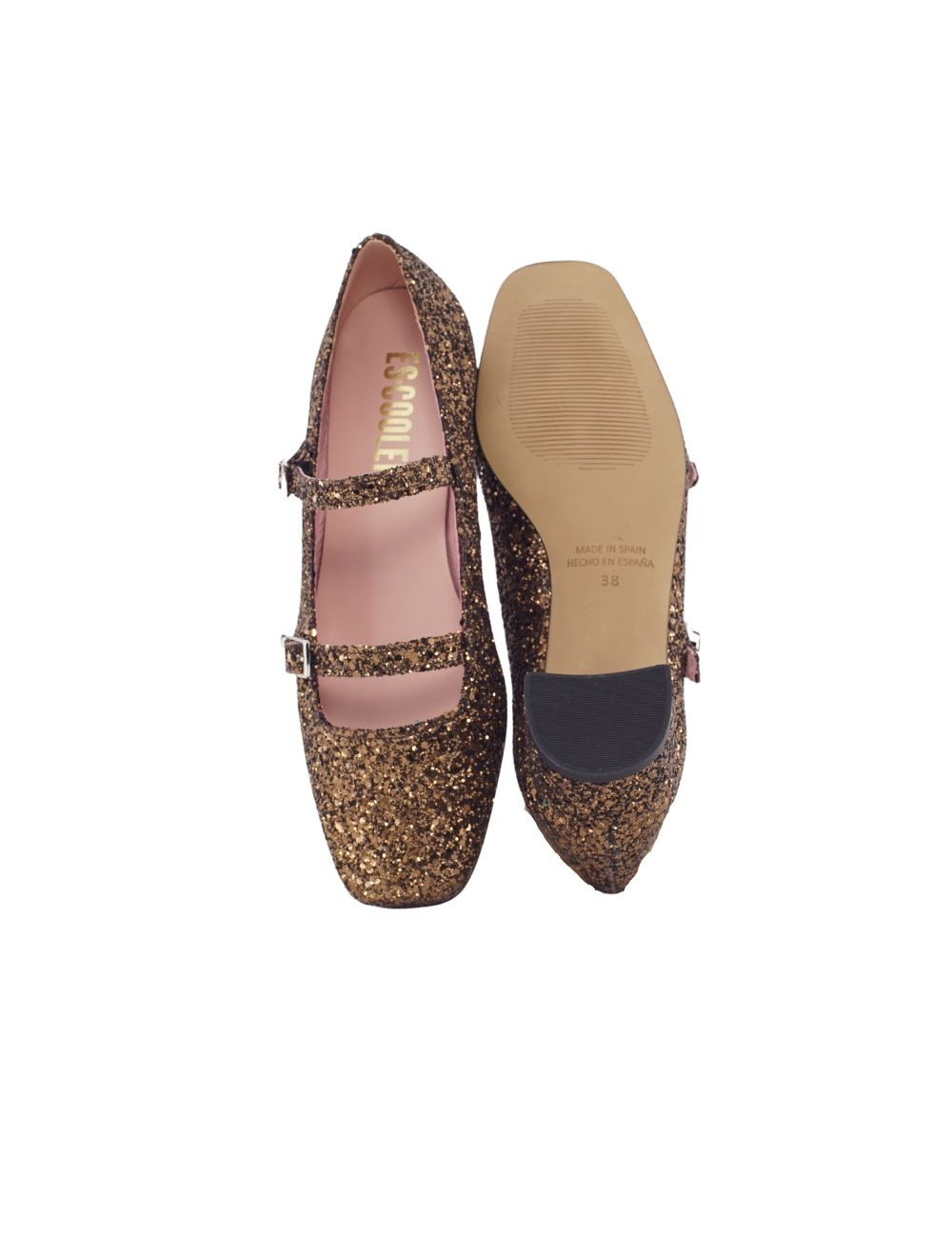 ZAPATO MARY JANE TACÓN DOBLE HEBILLA MUJER ESCOOLERS DOROTHY GLITTER BRONCE